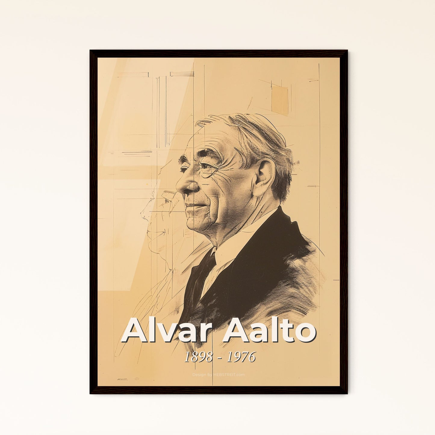 Alvar Aalto: A Captivating Tribute to Finnish Architecture - Elegant Modernist Portrait on Bright Beige with Dynamic Lines & Texture