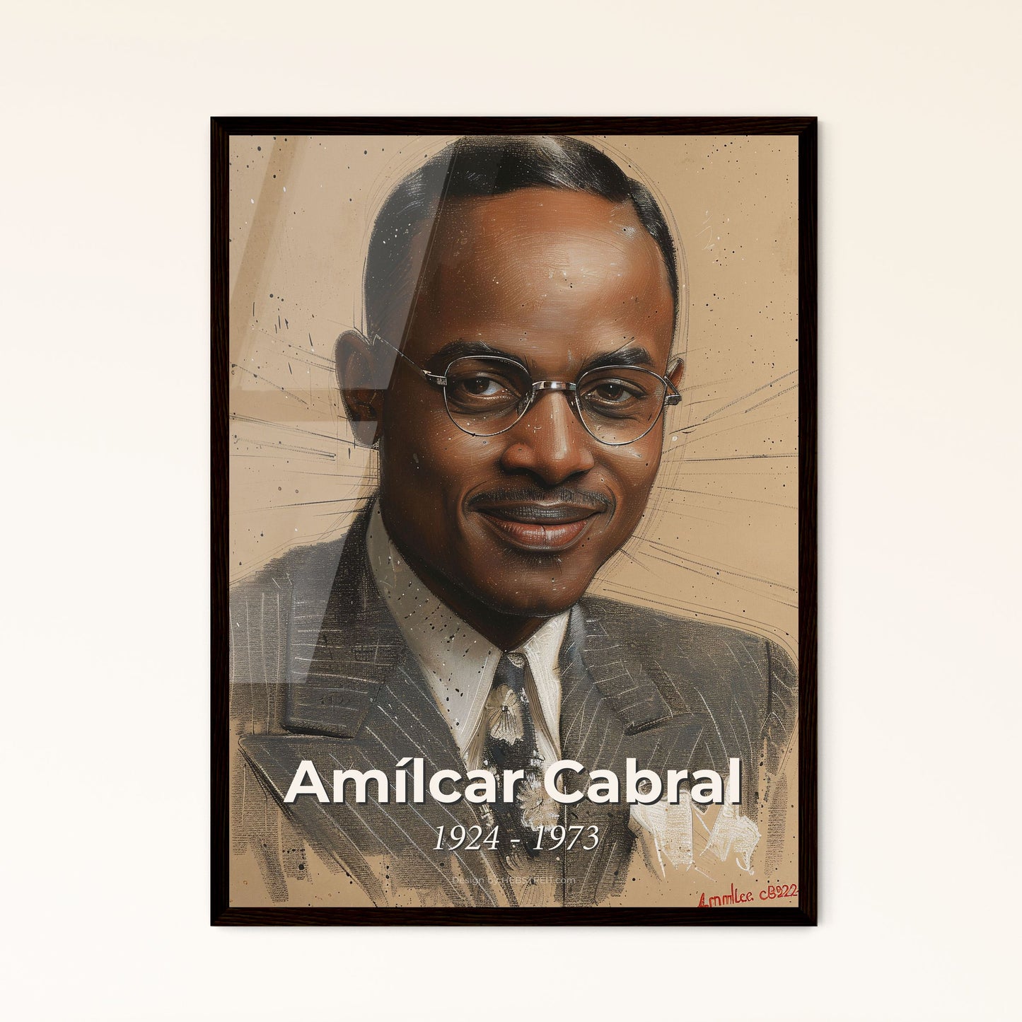 Amílcar Cabral: Iconic Portrait of Liberation - Contemporary Art Print on Beige with Dynamic Hatching & Unique Perspective