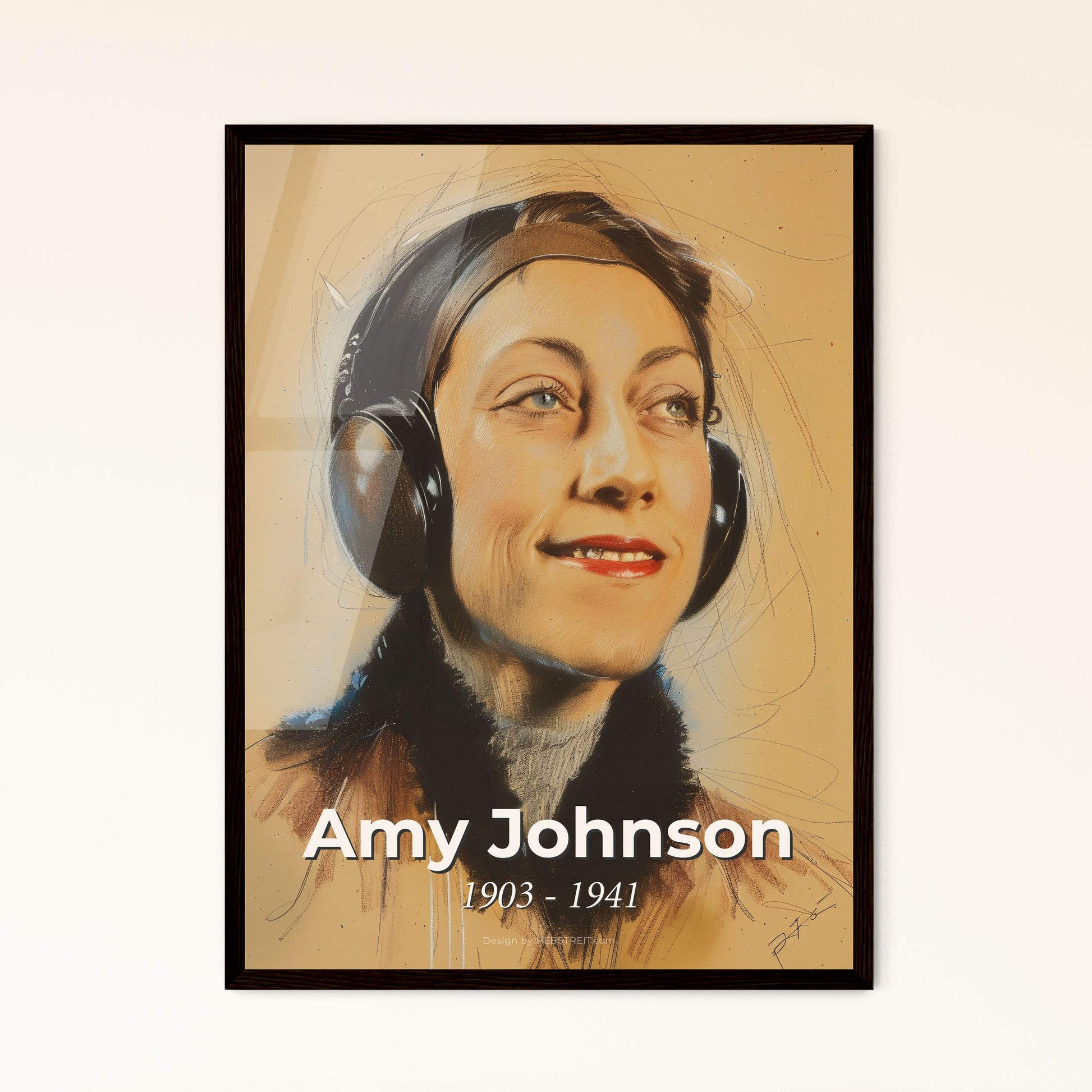 Amy Johnson: Pioneering British Aviator - Elegant Contemporary Art Print on Beige, Framed or Aluminum Options for Stunning Decor