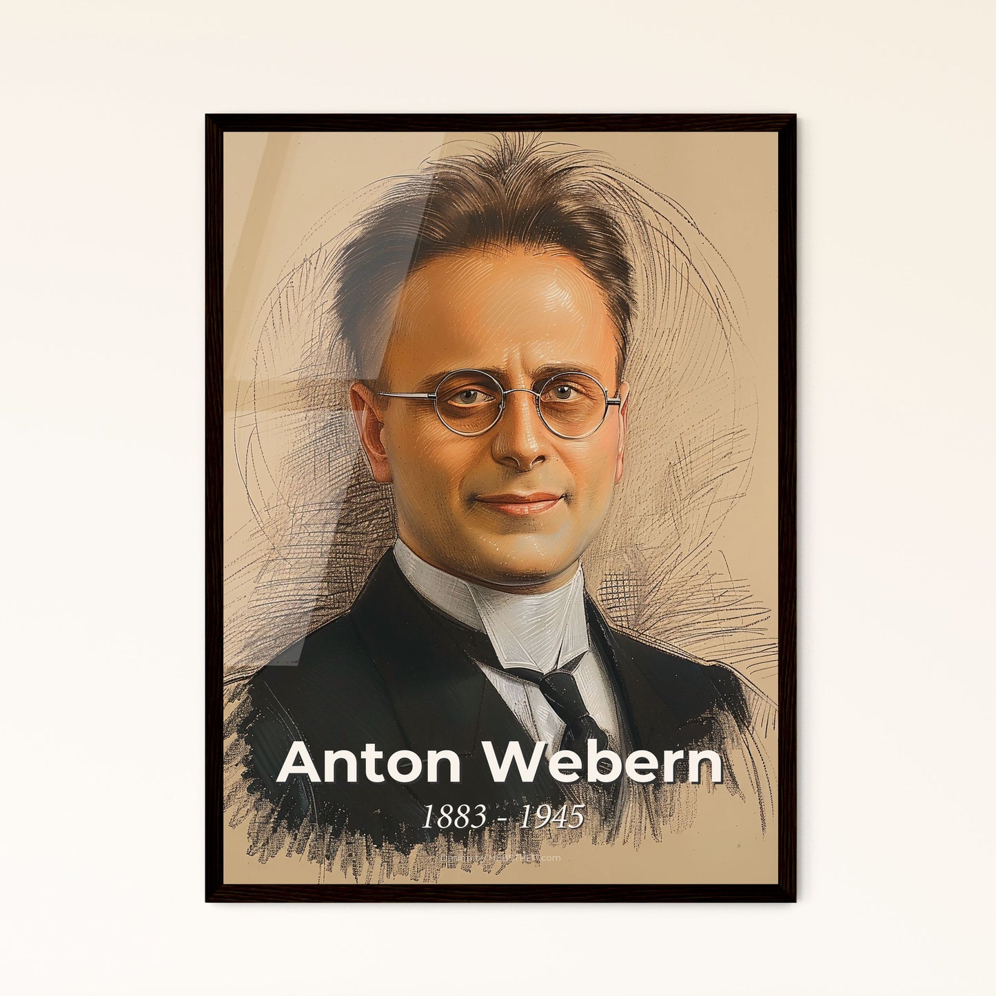 Anton Webern: Dynamic Minimalist Portrait – A Contemporary Tribute to Atonal Genius on Beige, Framed Art Print for Elegant Interiors