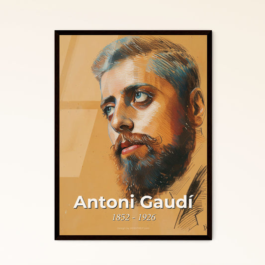 Whimsical Gaudí Portrait: Vibrant Modernist Art on Beige - Unique Gift for Home Decor, Available as Print or Framed Aluminum