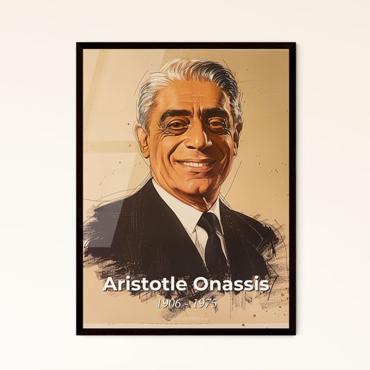 Elegant Portrait of Aristotle Onassis: A Unique Contemporary Art Piece Celebrating Wealth and Charisma on Bright Beige Background