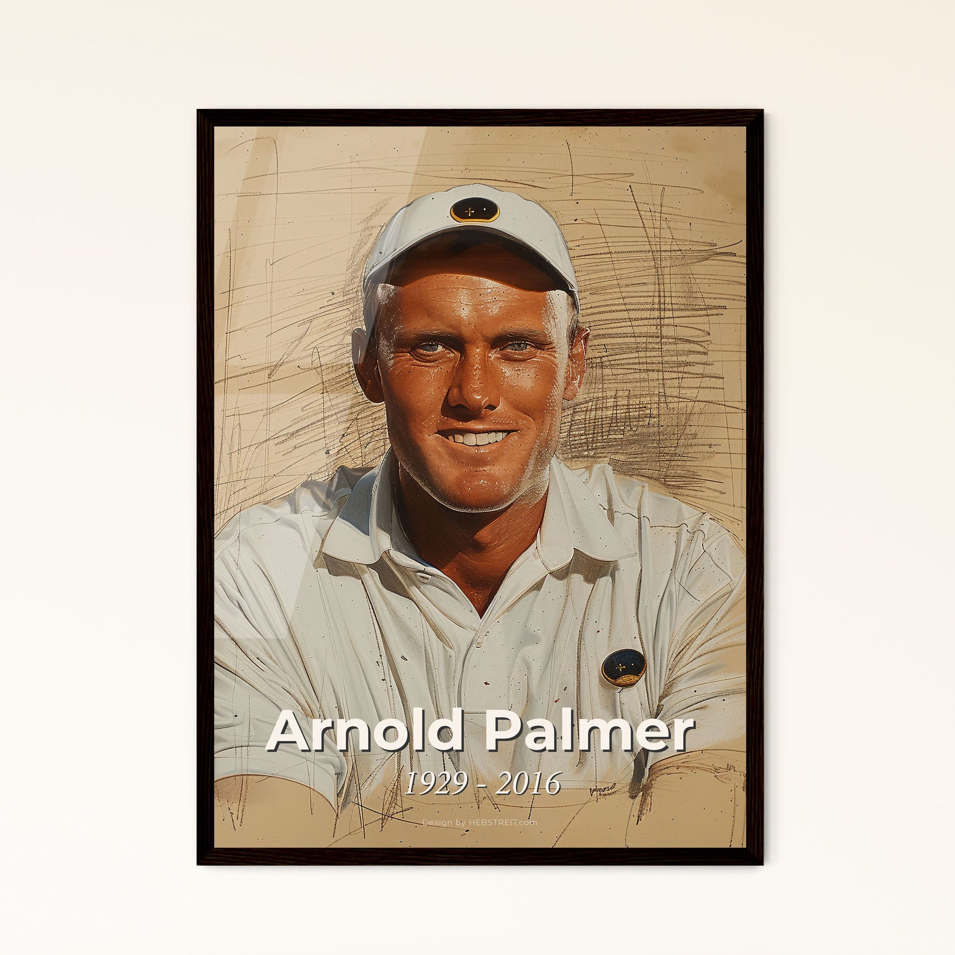 Arnold Palmer: Iconic Golfer Portrait - Contemporary Art Print on Beige, Dynamic Lines, Unique Perspective & Elegant Detailing