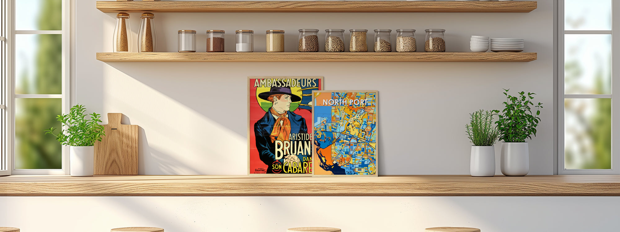 Colorful poster on a shelf with plants and jars.
