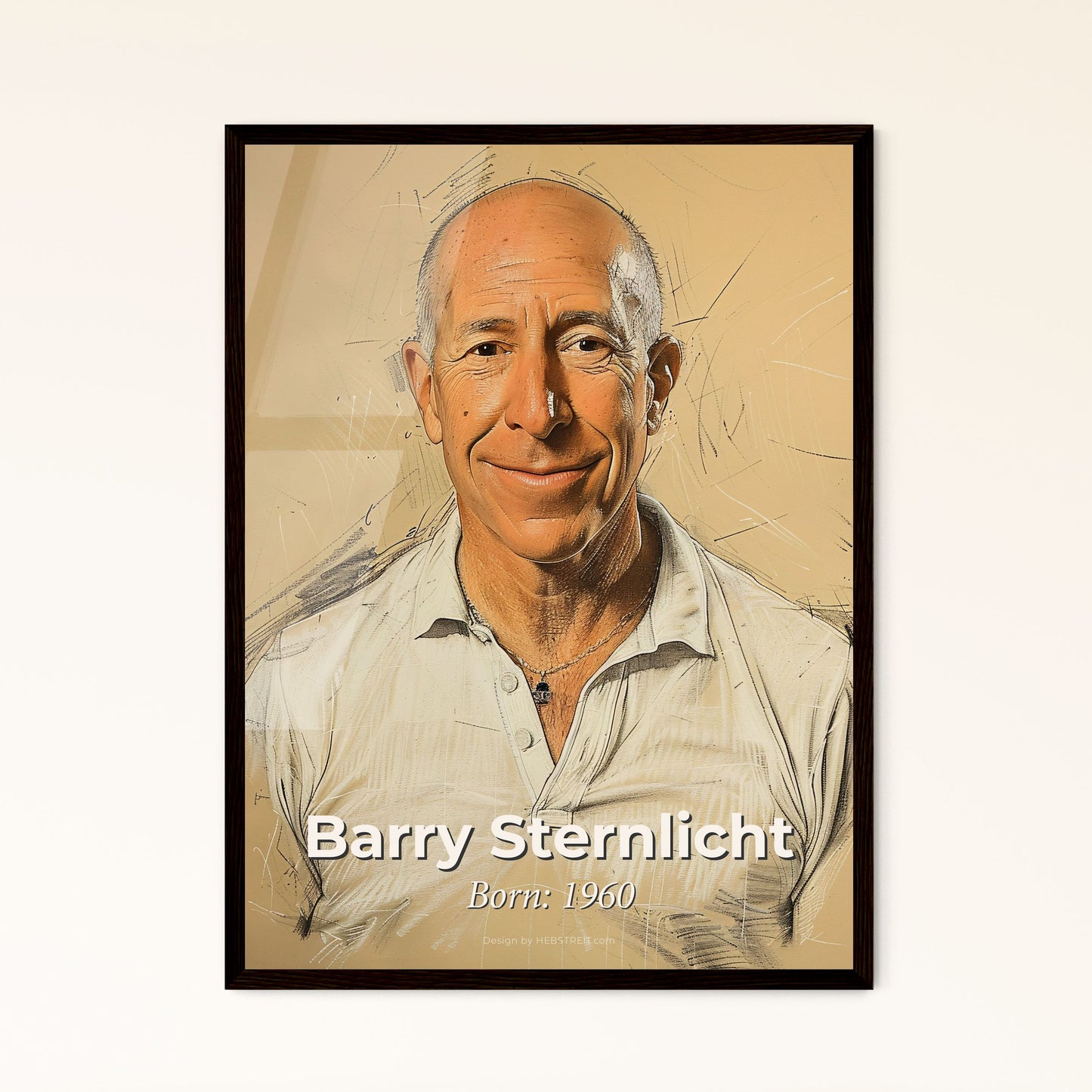 Barry Sternlicht: Visionary Hotelier & W Brand Creator - Elegant Contemporary Art Print on Beige with Dynamic Lines & Subtle Hatching