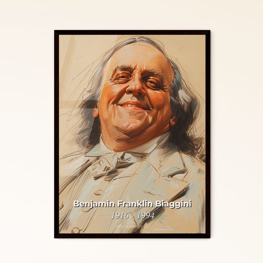 Elegant Portrait of Benjamin Franklin Biaggini: Capturing the Spirit of a Railway Visionary – Contemporary Artwork on Beige