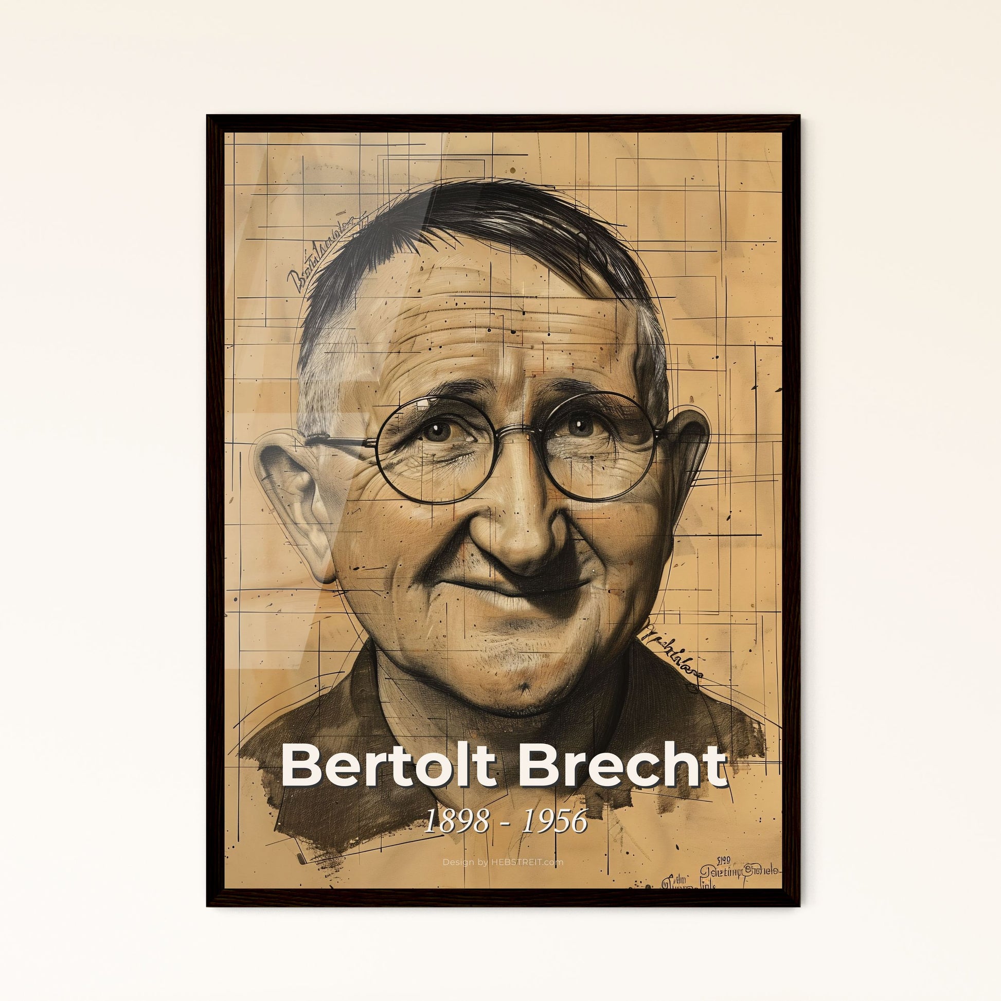 Bertolt Brecht: A Poetic Portrait - Dynamic Epic Theatre Icon on Beige, Exquisite Lines & Hatching in Contemporary Décor