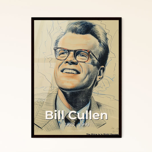 Bill Cullen: Iconic TV Host Portrait in Contemporary Art - Captivating Lines and Hues on Beige, Perfect for Home Décor