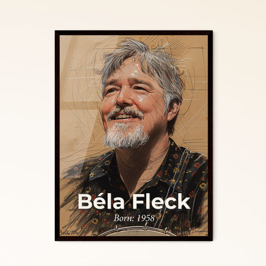 Béla Fleck: 1958 American Banjo Virtuoso - Contemporary Art Print, Unique Gesture & Dynamic Lines on Beige, Perfect Home Décor!