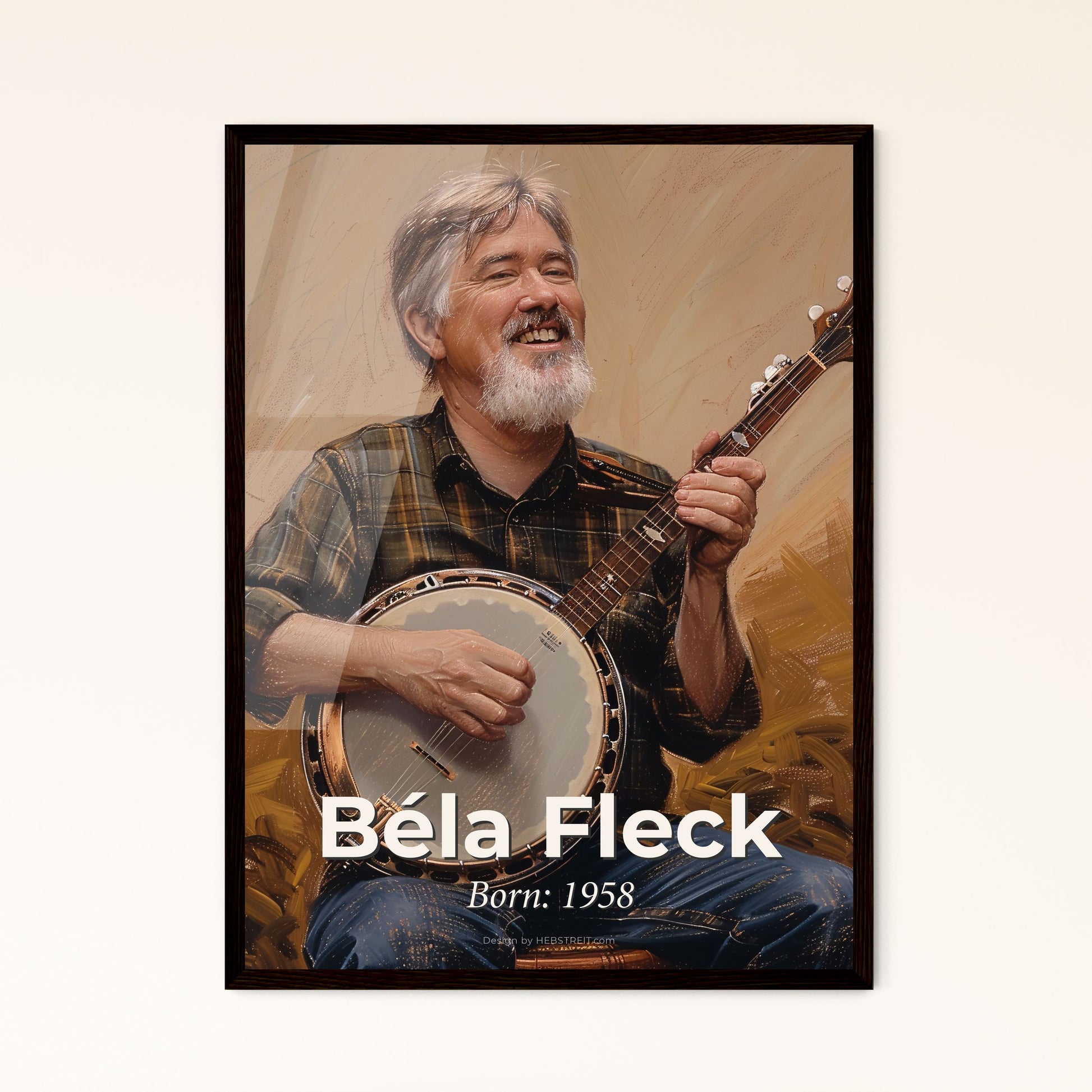 Béla Fleck: A Vibrant Fusion of Music and Art - Unique Contemporary Portrait of the Banjo Virtuoso on Elegant Beige Background