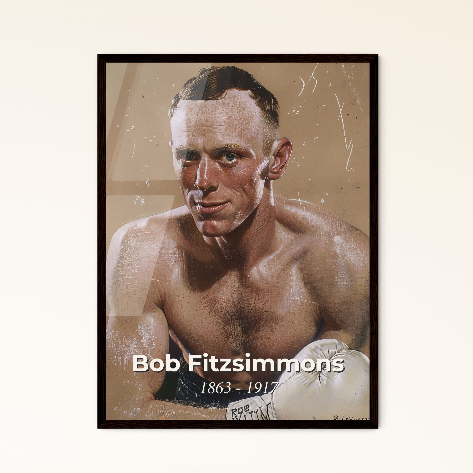 Bob Fitzsimmons: Iconic Boxer Portrait - Exquisite Art Print on Beige, Dynamic Lines & Subtle Hatching for Home Decor