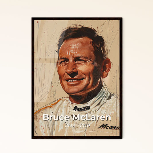 Dynamic Portrait of Bruce McLaren: Iconic Racing Legend - Contemporary Art Print on Beige, Perfect for Home Décor & Gifts