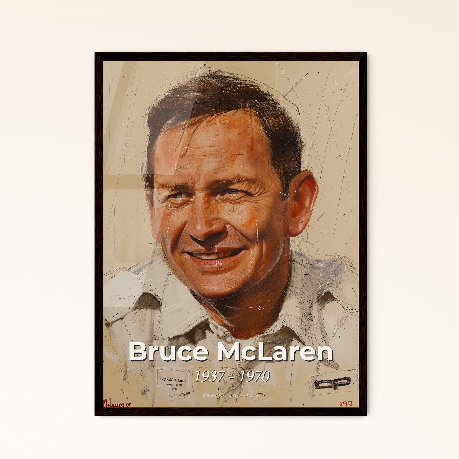 Elegant Portrait of Bruce McLaren: A Tribute to the Racing Legend in Contemporary Art – Perfect for Home Decor or Gift Giving.