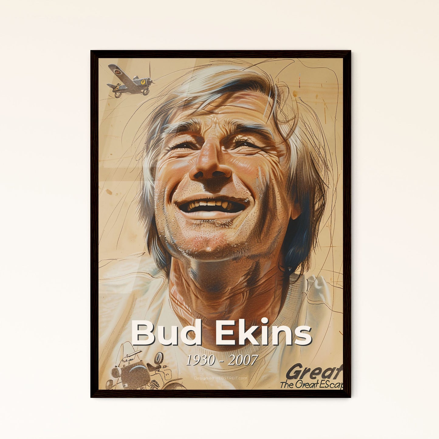 Bud Ekins: Iconic Stuntman & Actor - Vibrant Contemporary Portrait on Beige, Dynamic Lines & Artistic Hatching for Home Decor