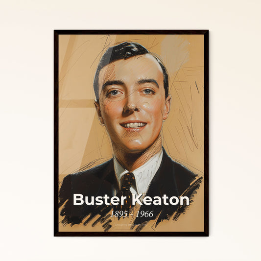 Buster Keaton: Timeless Comedy Legend - Contemporary Art Print on Beige, Dynamic Lines & Subtle Hues for Stylish Decor