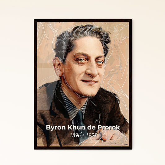 Byron Khun de Prorok: Captivating Portrait of the Avant-Garde Archaeologist - Contemporary Art Print on Elegant Beige Background