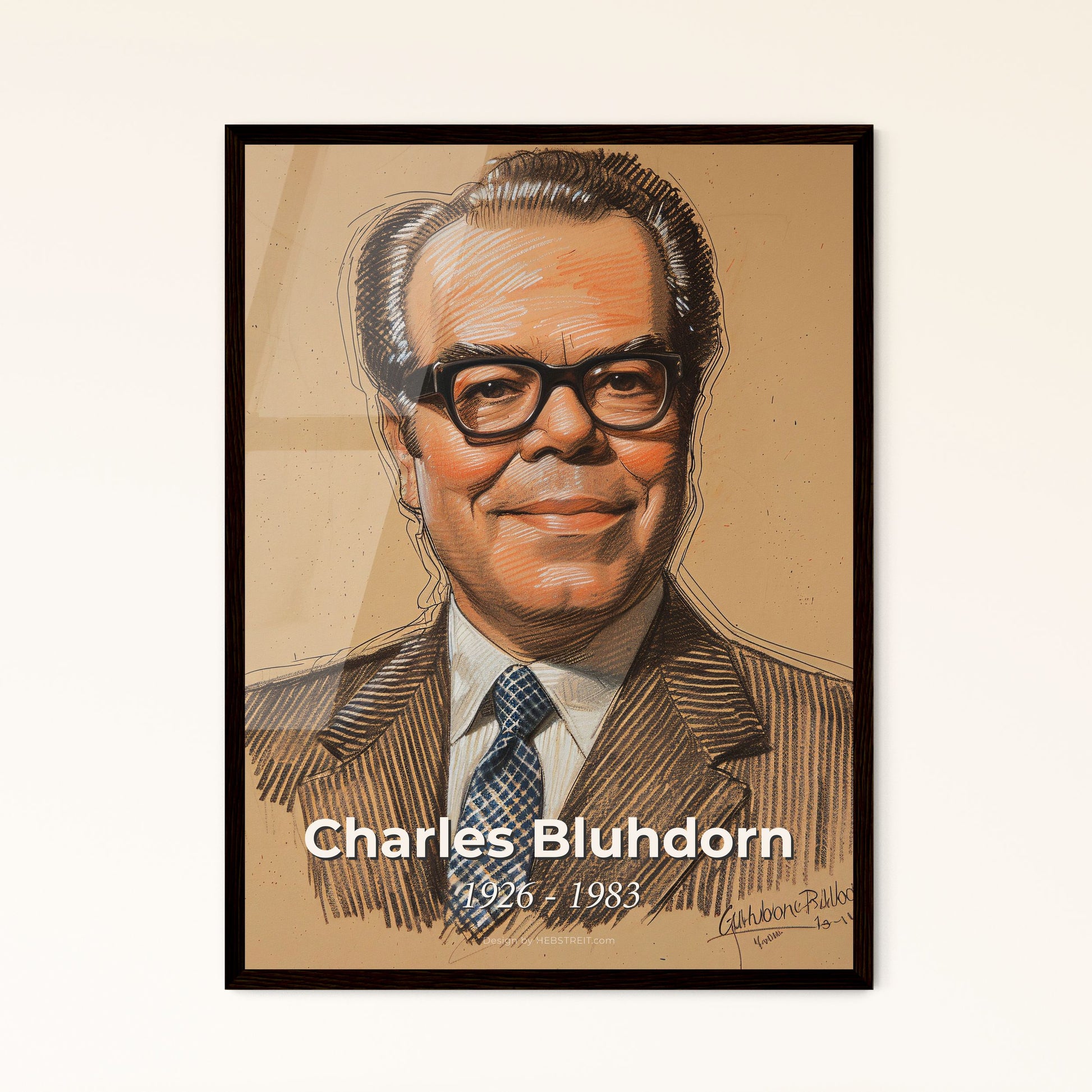 Charles Bluhdorn: A Portrait of Visionary Elegance - Contemporary Art Print on Beige with Dynamic Lines & Subtle Color Accents