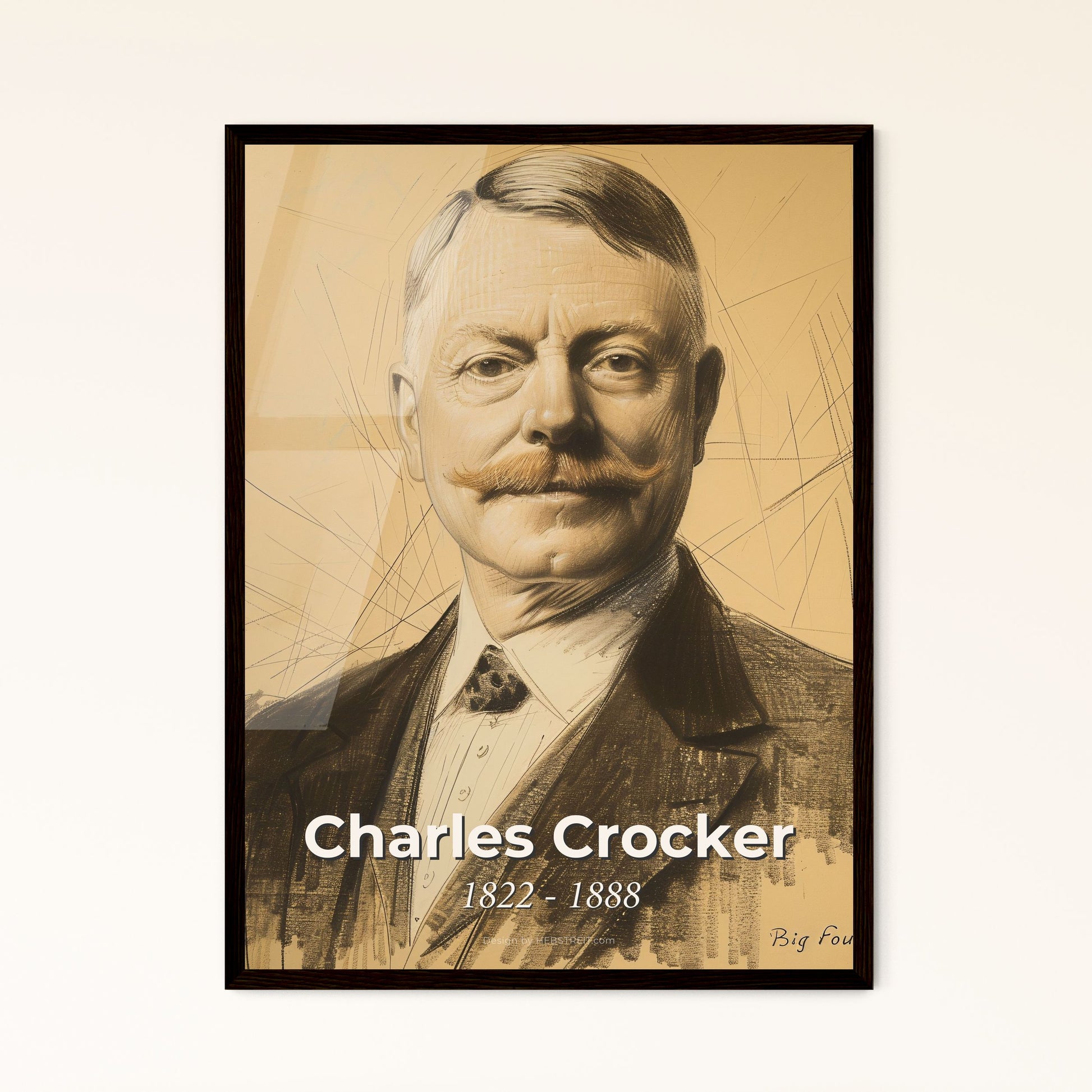 Charles Crocker: Iconic American Industrialist - Captivating Contemporary Portrait on Beige, Perfect for Elegant Home Decor!