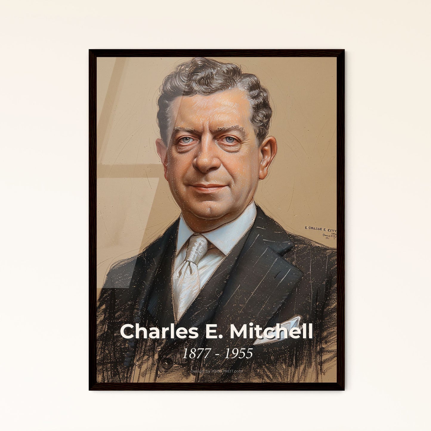 Charles E. Mitchell: Iconic American Banker Portrait - Striking Contemporary Art with Dynamic Lines & Elegant Hatching on Beige