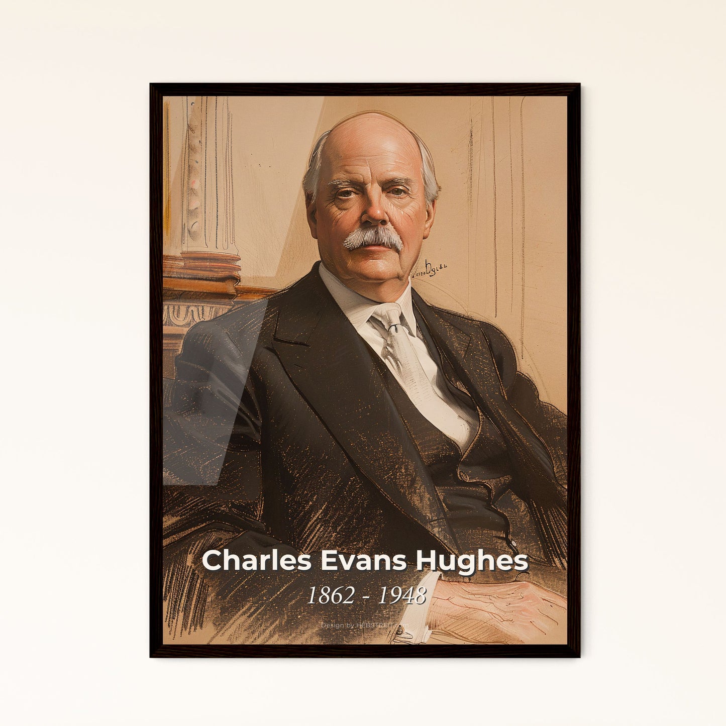 Captivating Portrait of Charles Evans Hughes: A Progressive Jurist – Contemporary Art Print on Beige, Framed or Aluminum Options