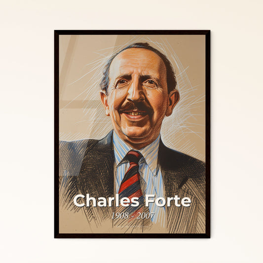 Elegant Portrait of Charles Forte (1908-2007) - British Hotelier - Contemporary Art Print on Beige, Refined Hatching & Dynamic Lines