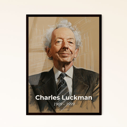 Elevate Your Space: Elegant Portrait of Charles Luckman, Iconic Architect, in Striking Contemporary Art Style on Beige Background