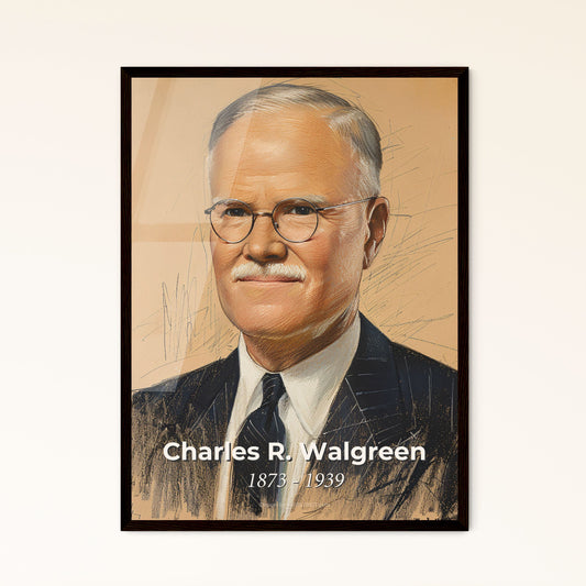 Elegant Portrait of Charles R. Walgreen: A Contemporary Tribute to the Pioneer of American Pharmacy on Luxe Beige Background