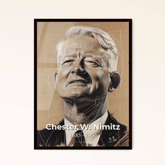 Chester W. Nimitz: Iconic Fleet Admiral Portrait - Contemporary Art Print on Beige with Dynamic Lines & Elegant Hatching - Perfect Gift!