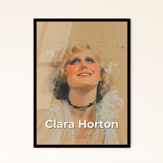 Clara Horton: Timeless Elegance - Flapper Era Icon Captured in Dynamic Lines on Beige, Framed Art Print for Chic Home Decor