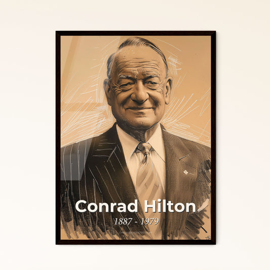 Elegant Portrait of Conrad Hilton: A Contemporary Masterpiece - Timeless Hotelier Tribute on Bright Beige with Dynamic Lines