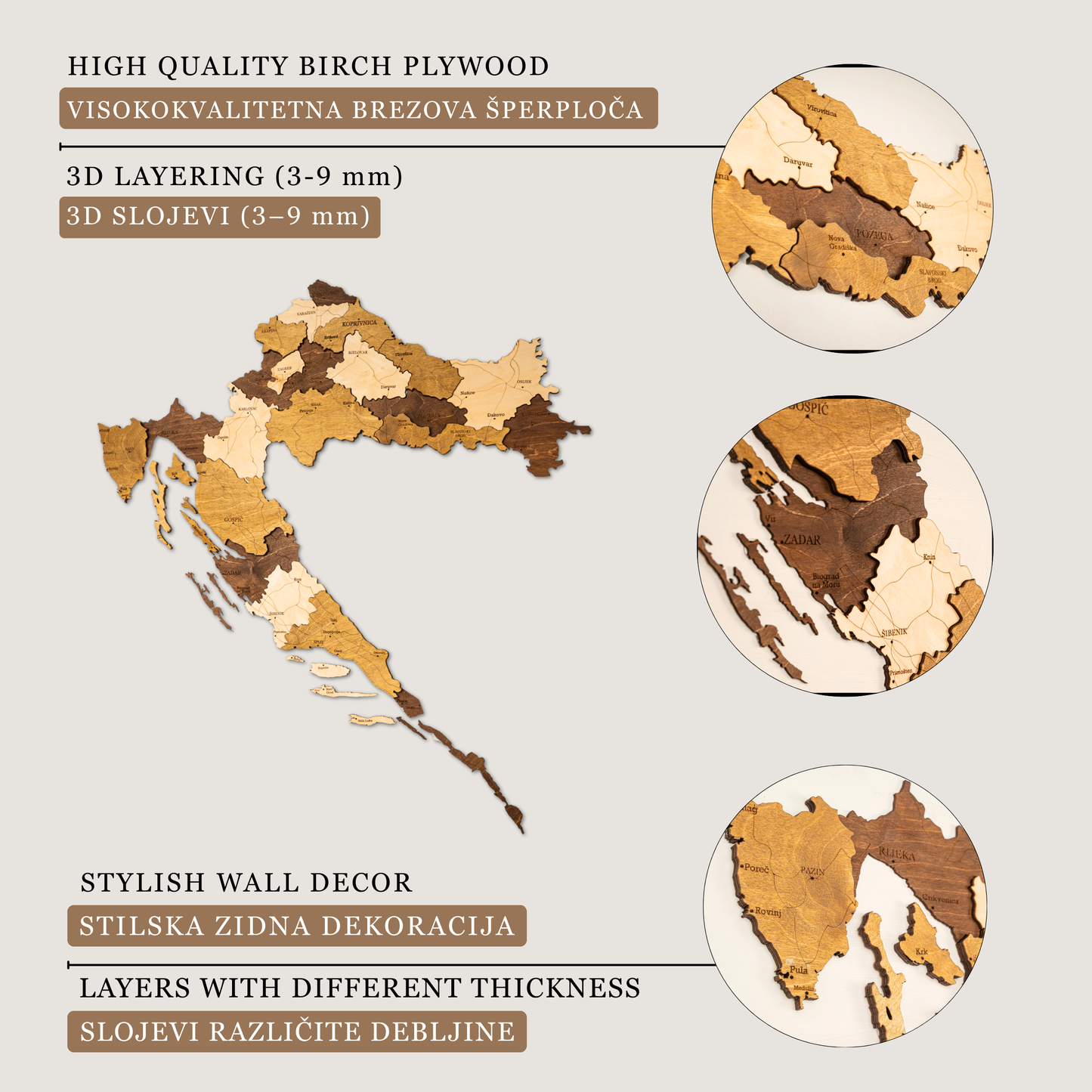 Rustic Wood Map of Croatia – Artistic Wall Art for Modern Interiors