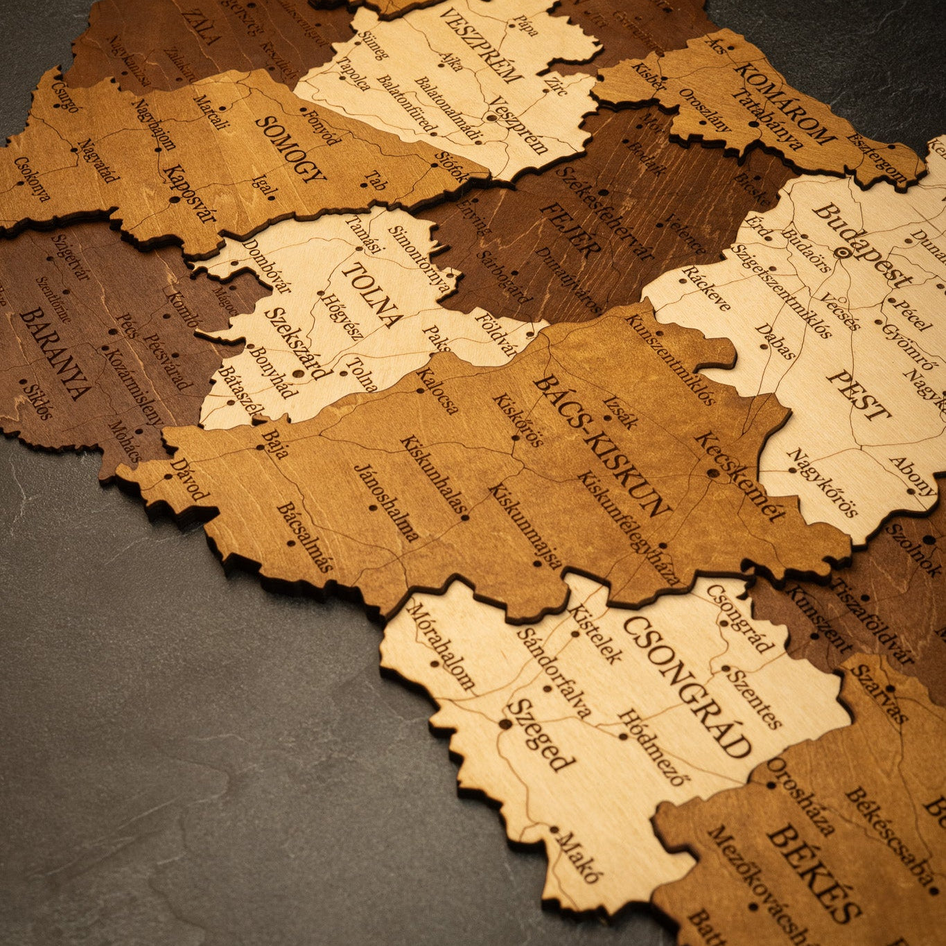 Wooden Map of Hungary – Detailed Regions & Cities