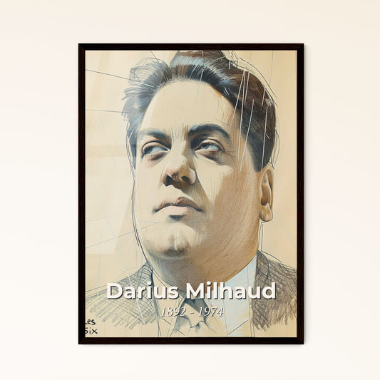 Vibrant Tribute to Darius Milhaud: Elegant Contemporary Portrait in Dynamic Lines on Beige - Perfect for Home Decor or Gifting