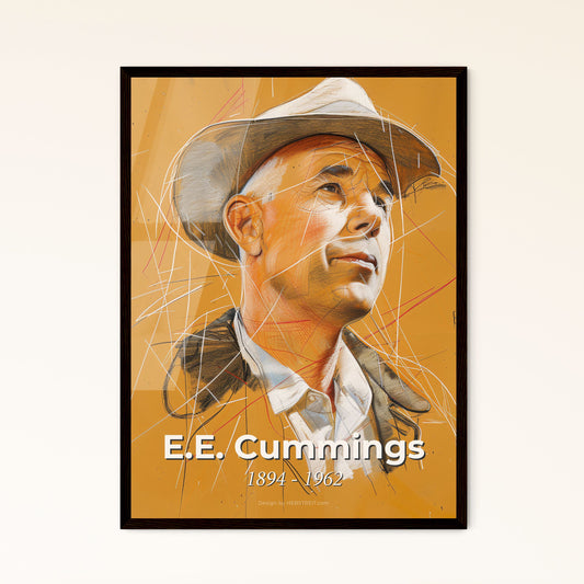 Dynamic E.E. Cummings Portrait: Unique Contemporary Art Print with Exquisite Hatching & Vibrant Lines on Elegant Beige Background