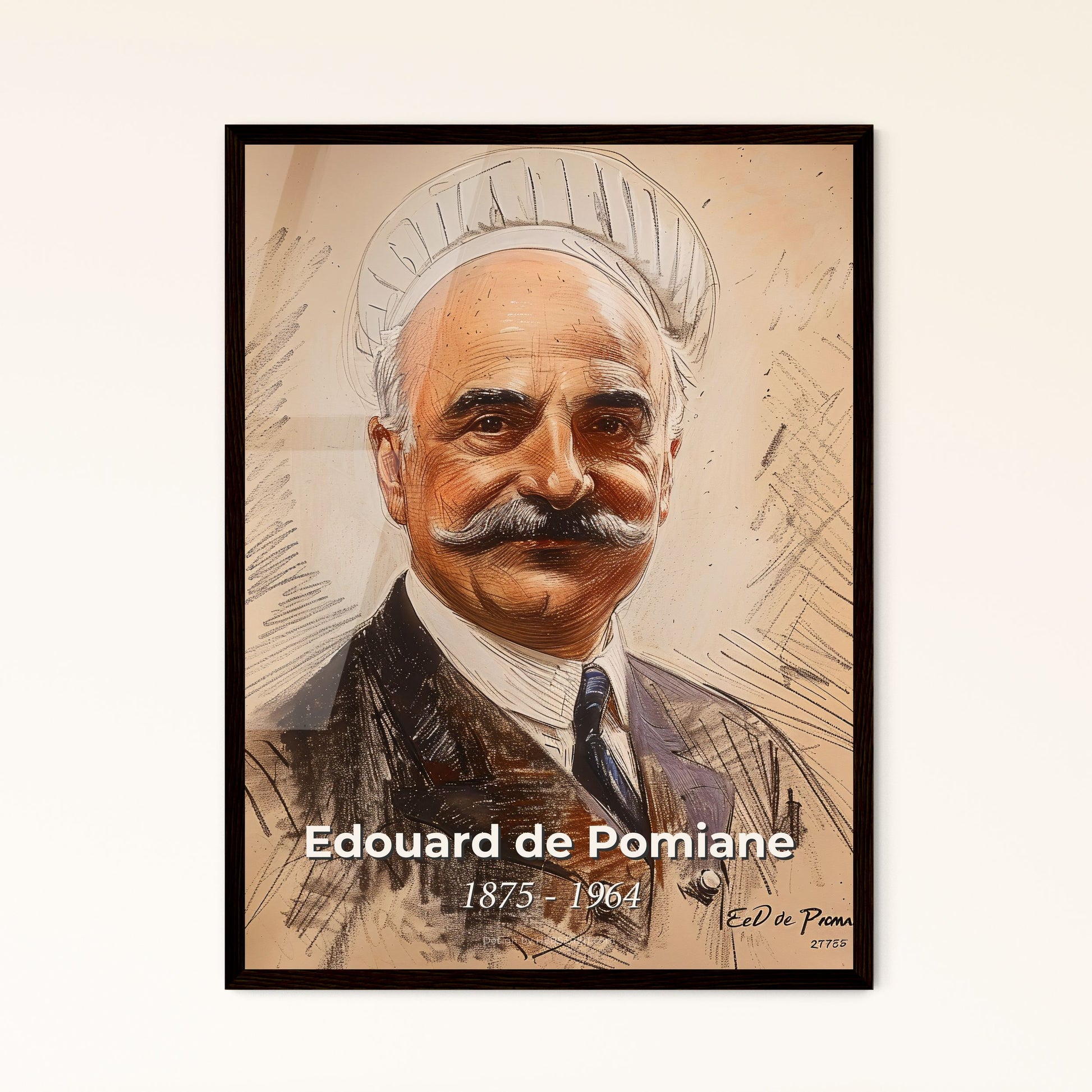 Elegant Portrait of Edouard de Pomiane: A Contemporary Art Tribute to the Polish-French Culinary Icon on Chic Beige Background