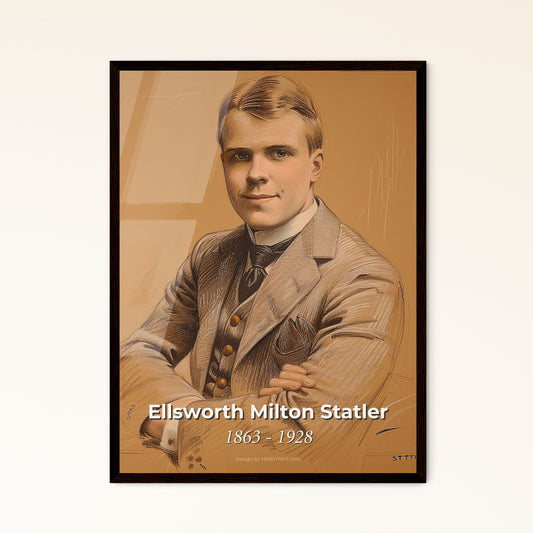 Elegant Portrait of Hotel Pioneer Ellsworth Statler: Modern Art Print with Dynamic Lines & Subtle Colors - Perfect for Home Décor