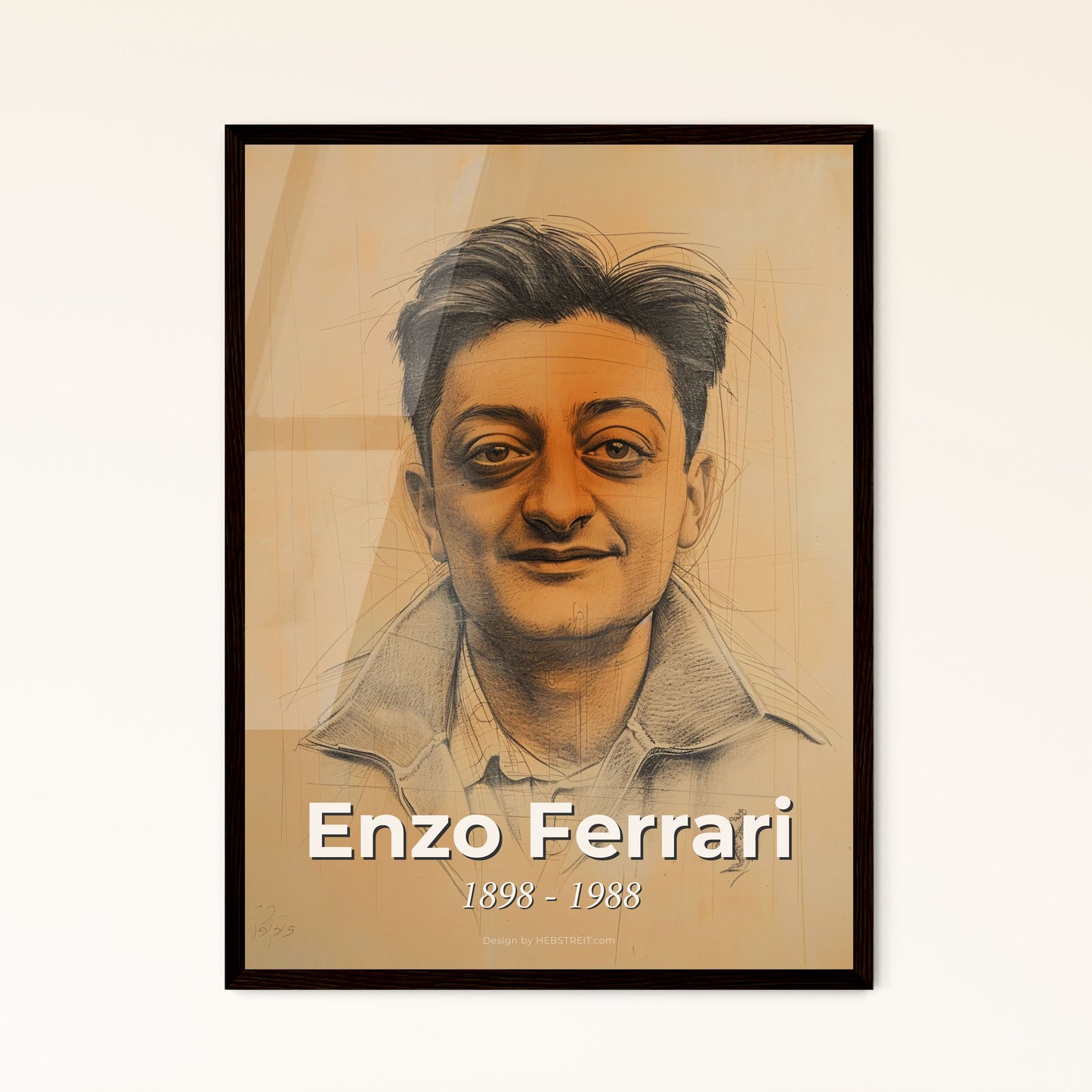 Enzo Ferrari: Iconic Motorsport Legend - Elegant Contemporary Art Print on Beige, Celebrating Passion and Craftsmanship