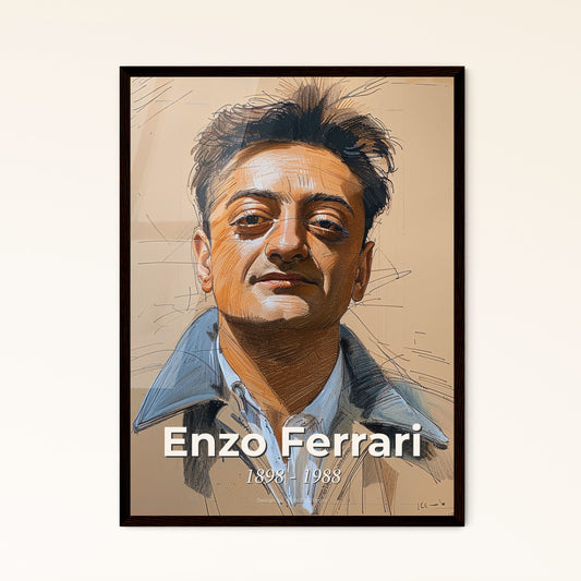 Enzo Ferrari: Iconic Motorsports Visionary - Elegant Contemporary Portrait on Beige with Dynamic Lines & Chic Hatching - Perfect Gift!