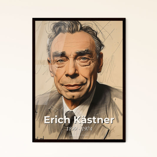 Whimsical Portrait of Erich Kästner: A Captivating Fusion of Satirical Spirit and Contemporary Art on Elegant Beige Paper