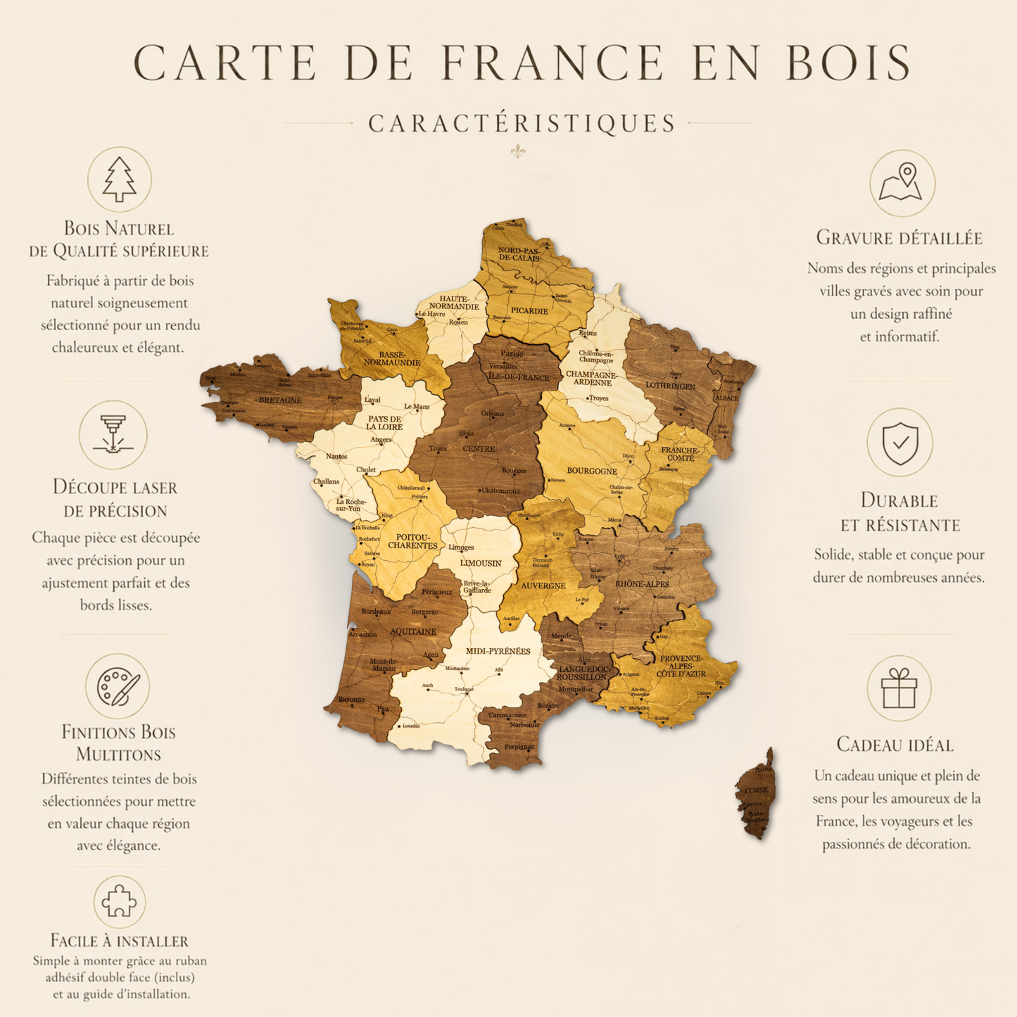 Luxury Wooden France Map – Handmade Wall Decor & Gift Idea