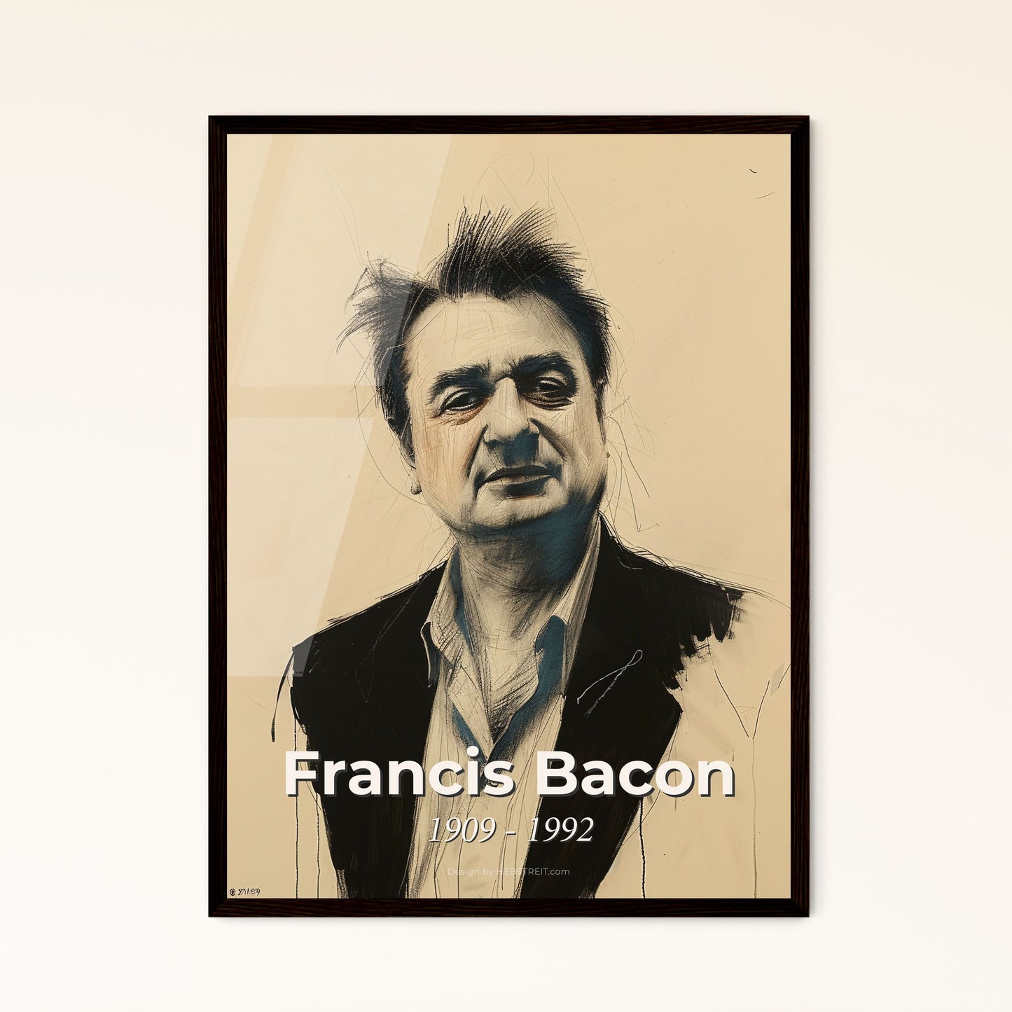 Captivating Francis Bacon-Inspired Portrait: Emotional Dynamics on Bright Beige, Exquisite Hatching & Unique Perspective - Perfect Gift!