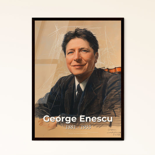 Elegant Portrait of George Enescu: A Romantic Tribute to the Romanian Composer in Contemporary Art on Luxe Beige Background