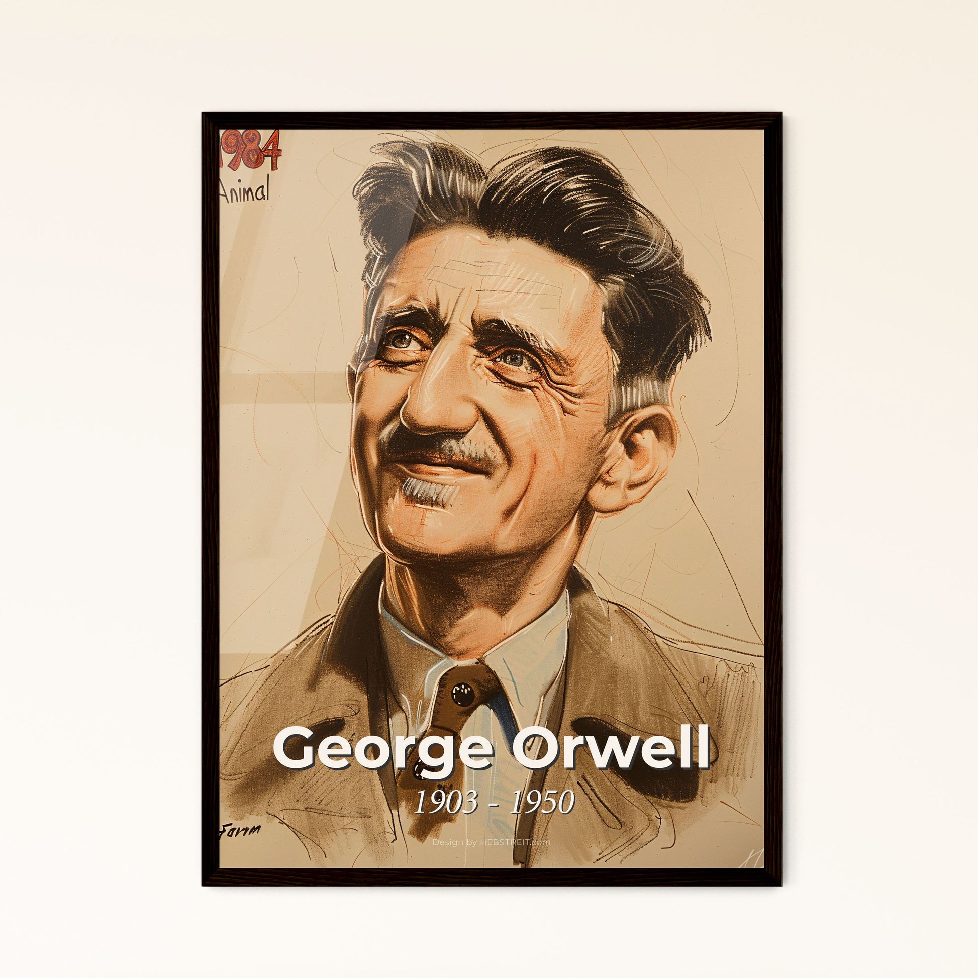 Whimsical Portrait of George Orwell: A Contemporary Dystopian Tribute in Elegant Linework & Subtle Hues for Stylish Interiors