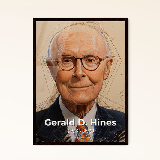 Iconic Tribute to Gerald D. Hines: A Striking Contemporary Portrait in Dynamic Lines & Subtle Hues - Perfect for Elegant Spaces