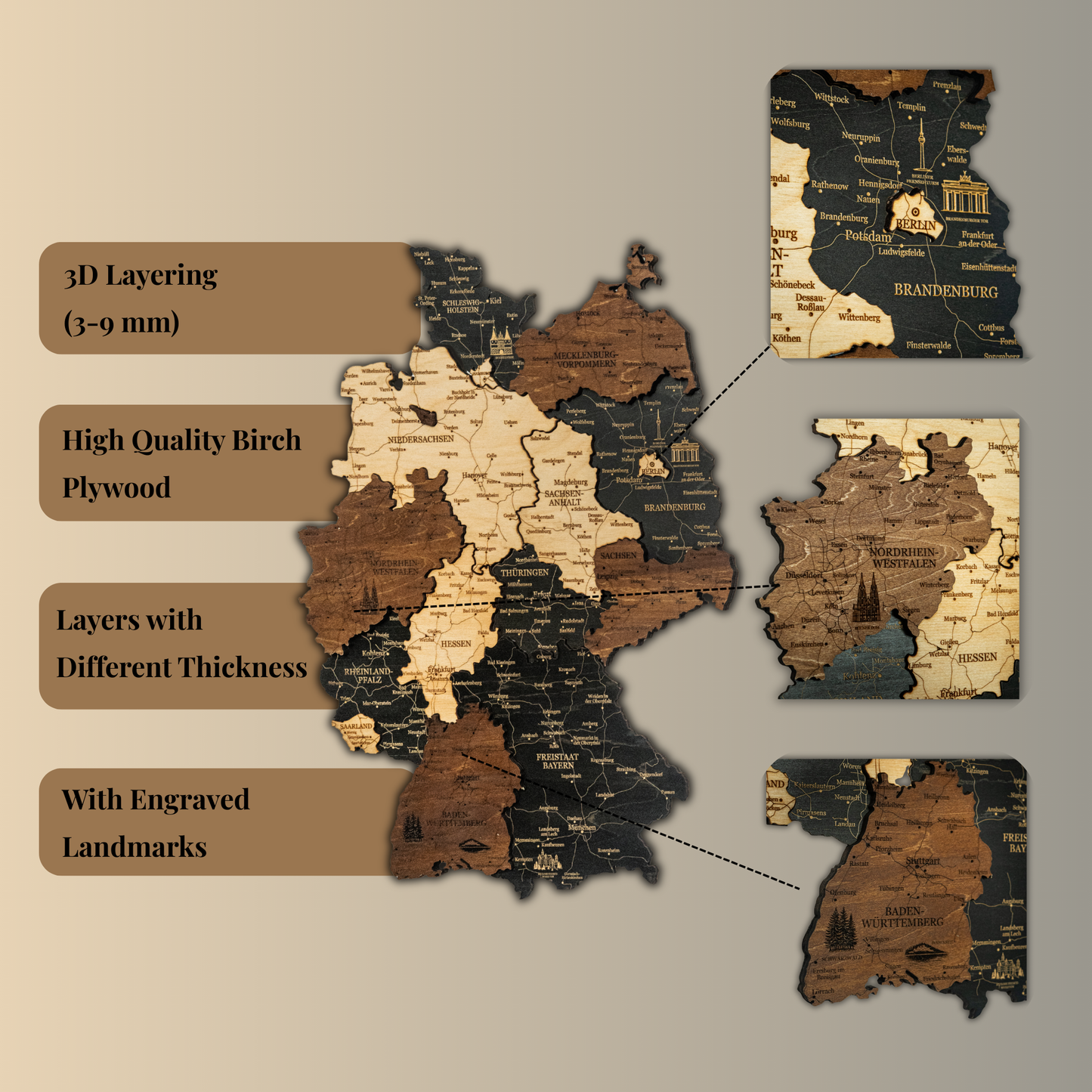 3D Germany Wooden Wall Map – Elegant Wall Art with City Names