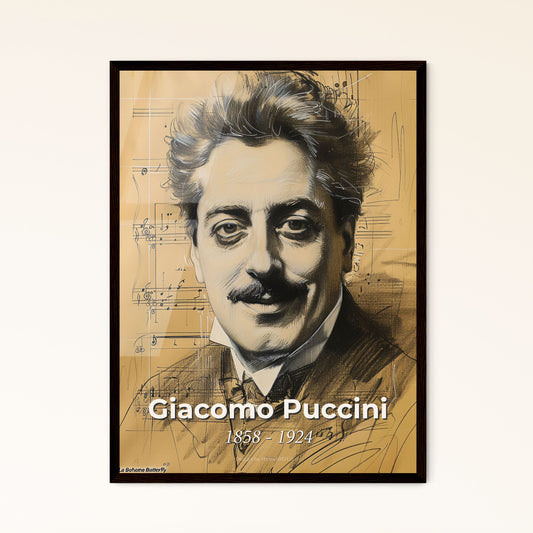 Elegant Portrait of Giacomo Puccini: Contemporary Art Print on Beige with Dynamic Lines – Perfect Home Decor & Gift Idea