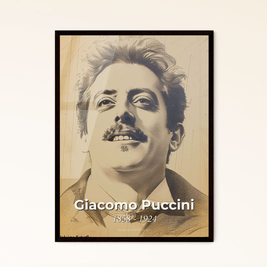 Elegant Portrait of Giacomo Puccini: Contemporary Art Print on Beige, Capturing the Essence of Opera's Master in Dynamic Lines