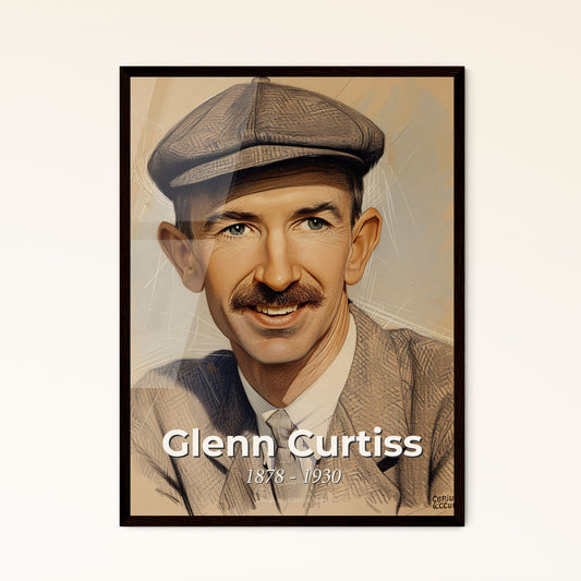 Glenn Curtiss: Icon of Aviation - Vibrant Contemporary Portrait on Beige, Dynamic Lines & Hatching – Perfect for Home Decor!