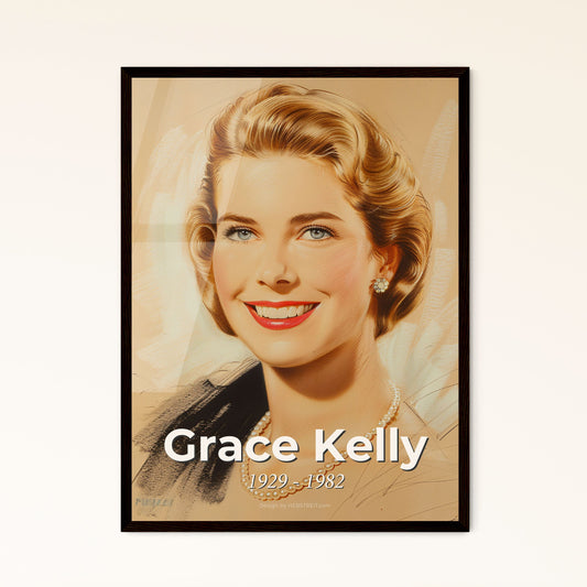 Elegant Legacy: Grace Kelly - Timeless Portrait of Hollywood's Royal Icon on Beige, a Stunning Artwork for Home Décor