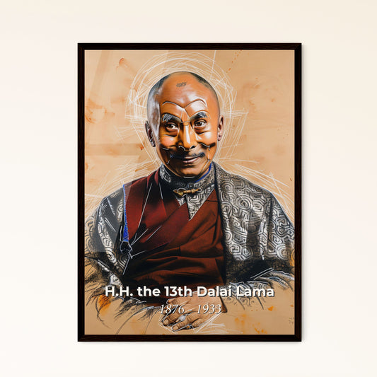 Radiant Portrait of H.H. the 13th Dalai Lama: A Contemporary Tribute to Tibet's Spiritual Leader in Elegant Hatching on Beige